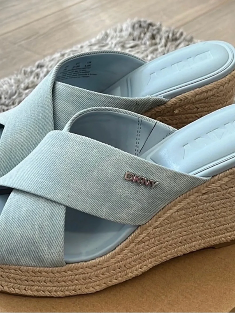 DKNY Light Blue Cross-Band Espadrille Wedge Sandals